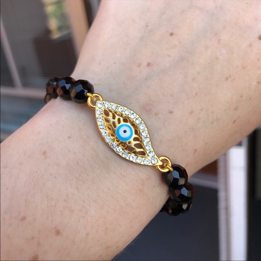 Evil Eye black agate beaded stretch bracelet - Picture 14 of 14
